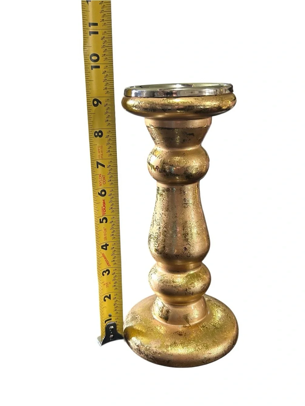 Glass Candle Pillar Metallic Gold Textured Look 9.5 Inch New